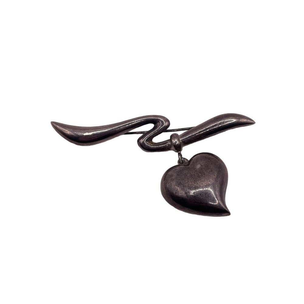 Vintage Sterling Silver 925 Puffy Dangle Heart Hollow Ribbon Brooch Pin 9g MCM